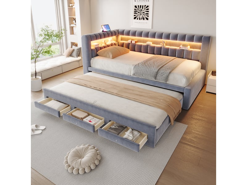  Lit banquette rembourré 90 x 190 cm avec lit gigogne, tiroir de rangement, led, port usb, dossier et tête de lit renforcés, velours gris evarich - Conforama B