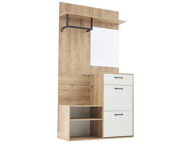 Vestiaire d'entrée avec banc à chaussures et miroir, meuble de couloir compact 100cm, porte-manteau blanc et bois, rangement gain de place - Conforama C