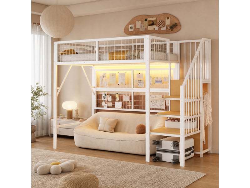  Lit mezzanine enfant 90x200 cm avec escalier et led, coloris blanc  - Conforama D
