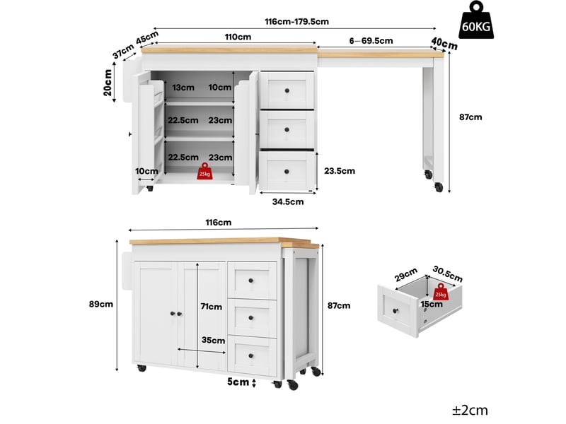 Desserte de cuisine extensible avec 3 tiroirs, 2 portes, étagères latérales et roulettes, blanche mobile en mdf - Conforama C