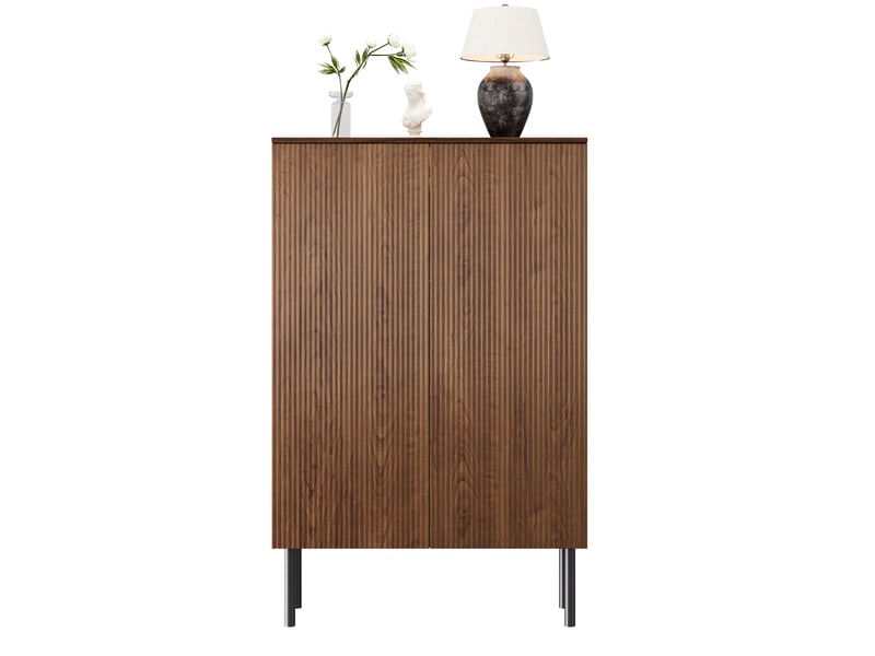  Vitrine éclairée par led avec fond miroir et tablette en verre, façades rainurées, pour salon, marron, 80 × 35 × 145 cm  - Conforama E