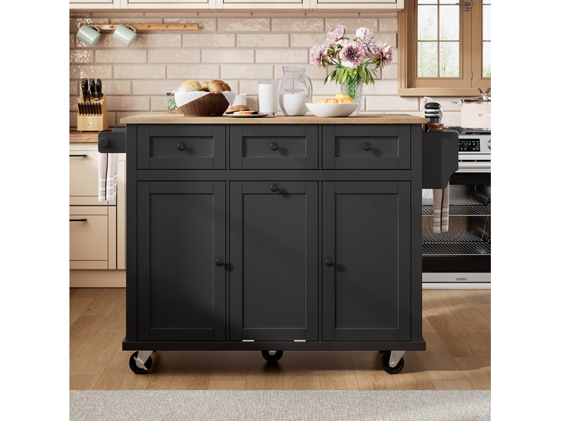  Îlot de cuisine mobile 112x46,2 76,2x92,7 cm coloris noir et naturel  - Conforama E