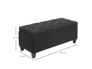 Banquette coffre noire en lin, rangement, polyester, bois d’hévéa, 100 x 40 x 44 cm