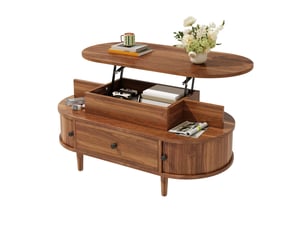 Table basse ovale relevable 105x50x60,5 cm avec rangement, mdf coloris noyer