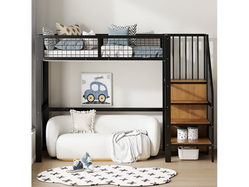 Modenvie lit mezzanine enfant 90x200 cm - avec armoire intégrée et échelle sécurisée, sans matelas - noir  - Conforama D