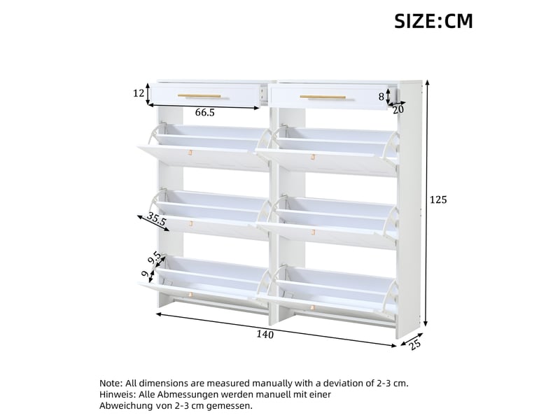 Meuble à chaussures entrée 140x25x123,5 cm, 2 tiroirs et 12 compartiments réglables, gain de place, 36 paires, en panneau mdf, coloris blanc - Conforama C