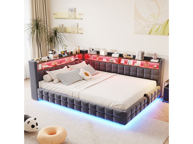 Lit banquette coffre 140 x 200 cm, coffre à relevage hydraulique, étagères de rangement, éclairage led, ports usb, pour la chambre, velours, gris ABC - Conforama D