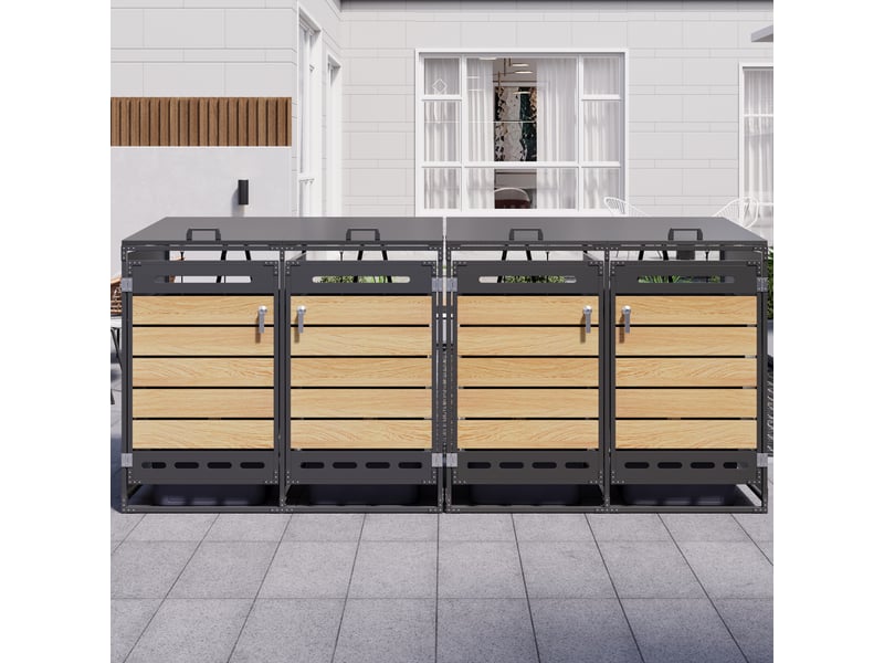  Cache-poubelles 4 compartiments, modèle bois, couvercle hydraulique, armoire métal verrouillable  - Conforama B