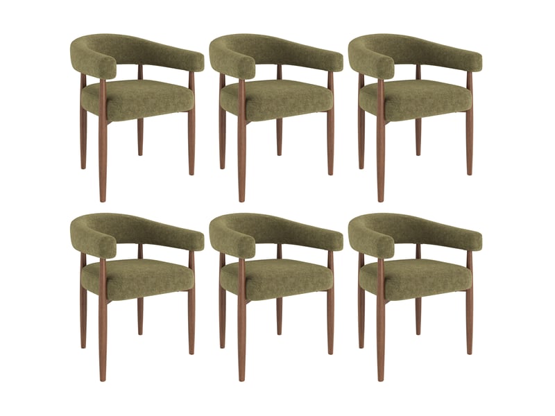  Lot de 6 chaises de salle à manger 60x59x75 cm, accoudoirs, assise 25d, métal aspect noyer, chenille vert olive  - Conforama A
