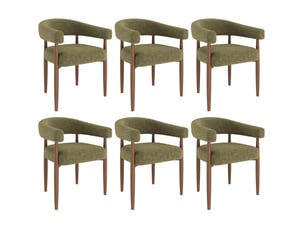 Lot de 6 chaises de salle à manger 60x59x75 cm, accoudoirs, assise 25d, métal aspect noyer, chenille vert olive