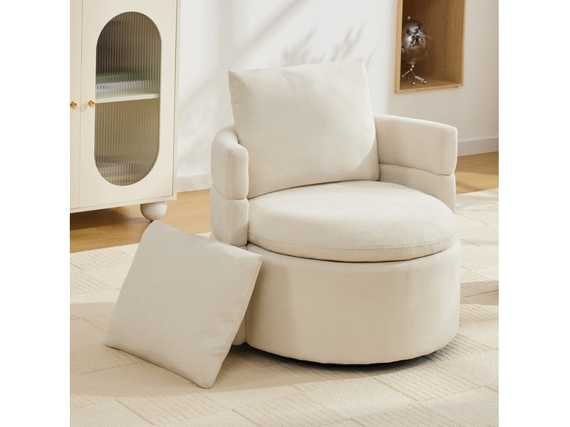  Fauteuil pivotant 360° avec rangement caché en tissu chenille ivoire 72 x 66,5 x 76 cm  - Conforama C