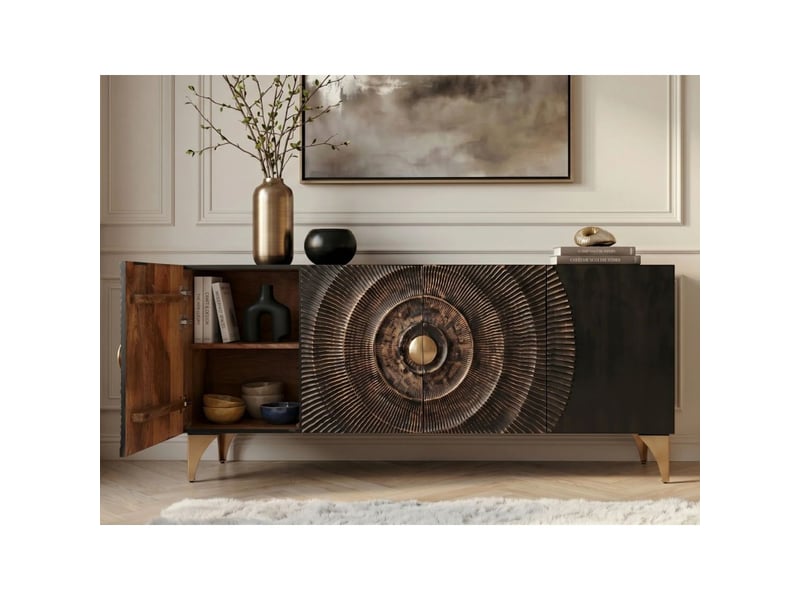  Buffet solaris 177 cm noir et doré en bois massif de manguier – 4 portes sculptées motif solaire  - Conforama D