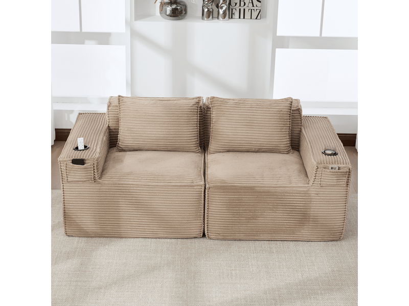  Canapé 2 places modulaire en velours côtelé, sofa avec porte-gobelets, poches de rangement et assise confortable - kaki  - Conforama C
