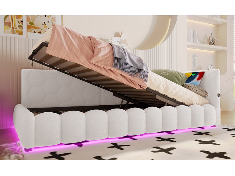  Lit coffre 90x200 cm en velours avec rangement hydraulique, éclairage led, ports usb et usb-c - blanc  - Conforama E