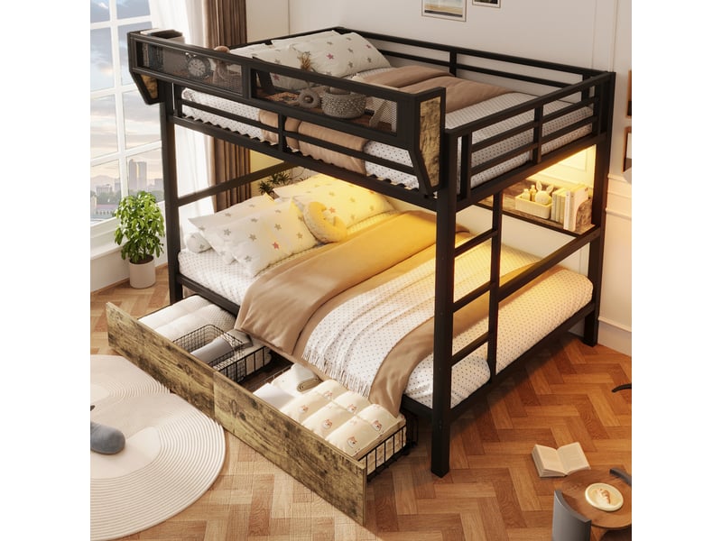  Lit mezzanine 140x200 cm noir en métal, 2 tiroirs, étagère, panier de rangement et éclairage led, sans matelas  - Conforama B
