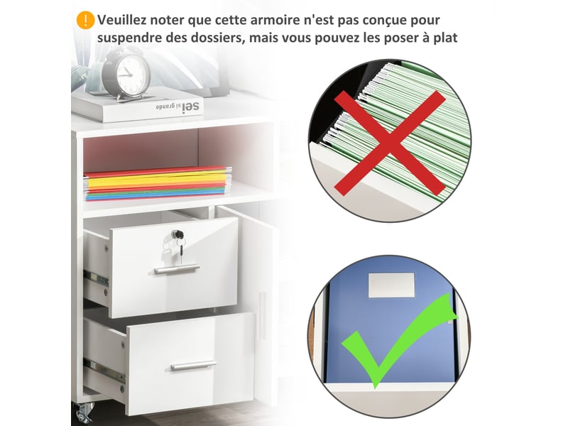  Support d'imprimante à 2 tiroirs meuble de rangement sur roulettes étagères ouvertes et placard, blanc, 100 x 35 x 65 cm  - Conforama W