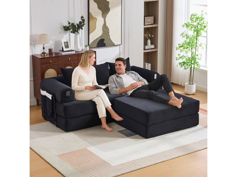  Canapé convertible, canapé-lit — avec pouf, poches latérales, en velours tricoté, noir  - Conforama C