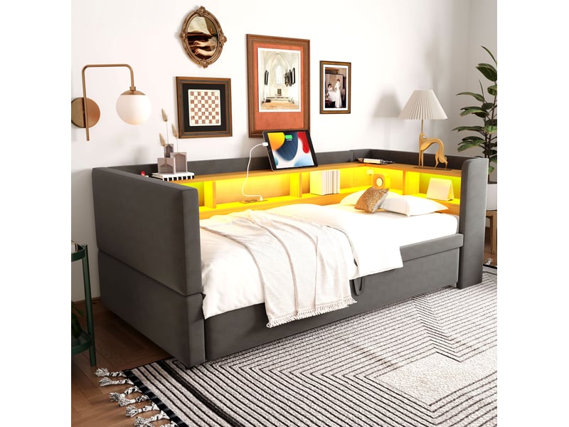  Canapé-lit extensible 90180 x 190 cm gris foncé avec led, prises et étagères  - Conforama C