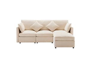 Canapé d’angle en l modulable beige, convertible 3 places, avec pouf mobile et 4 coussins en chenille