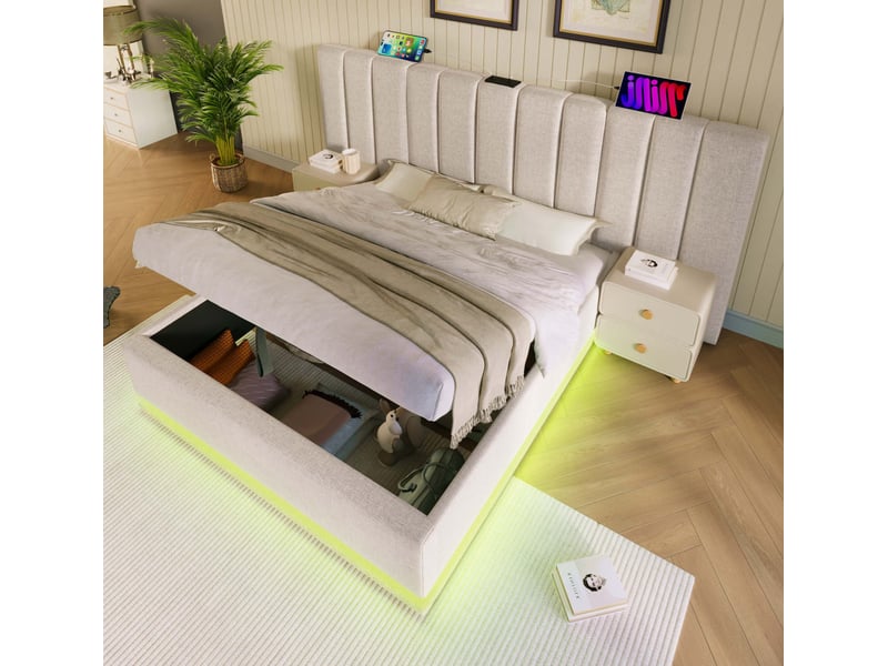  Lit coffre tapissier 180x200 cm beige avec matelas h3 à ressorts ensachés 7 zones, sommier à lattes, rangement hydraulique, led 360°, 3 ports usb et 1 port usb-c, structure en métal, bois massif et lin  - Conforama E