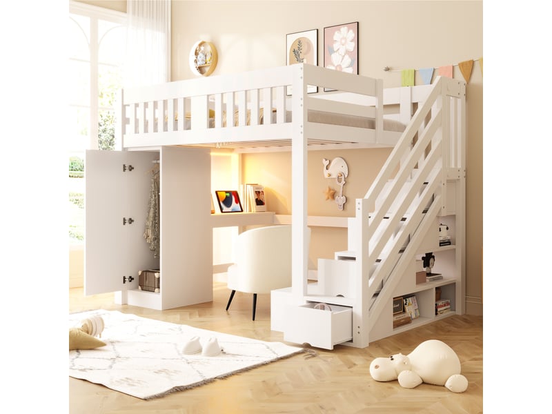  Lit mezzanine 2 places 200×140 cm avec rangements, bureau, led et prise - okmyhome- blanc, sans matelas  - Conforama C