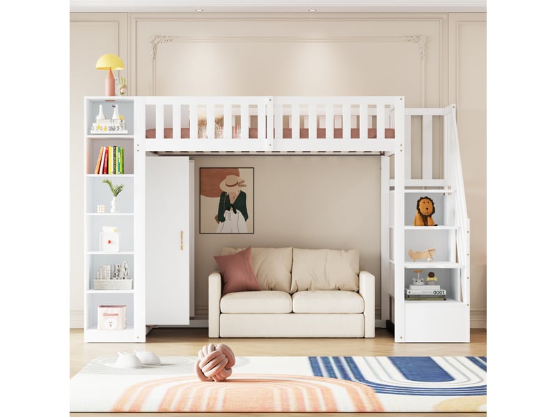  Lit mezzanine 90x200cm, lit enfant, lit simple, armoire, rangement, escalier sécurisé, bois et mdf, blanc sans matelas  - Conforama B