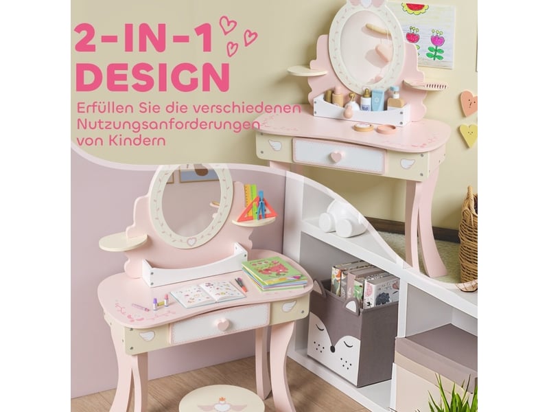  Coiffeuse enfant avec tabouret 59,8 x 29,6 x 89,8 cm - rose - miroir amovible et 7 accessoires  - Conforama E