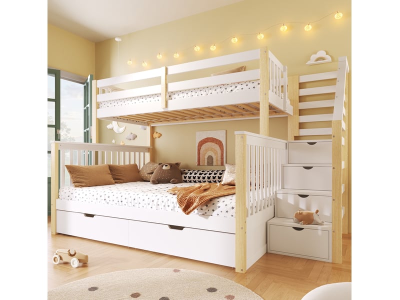  Lit superposé enfant 90 x 200 et 140 x 200 cm avec rangements, blanc naturel  - Conforama D