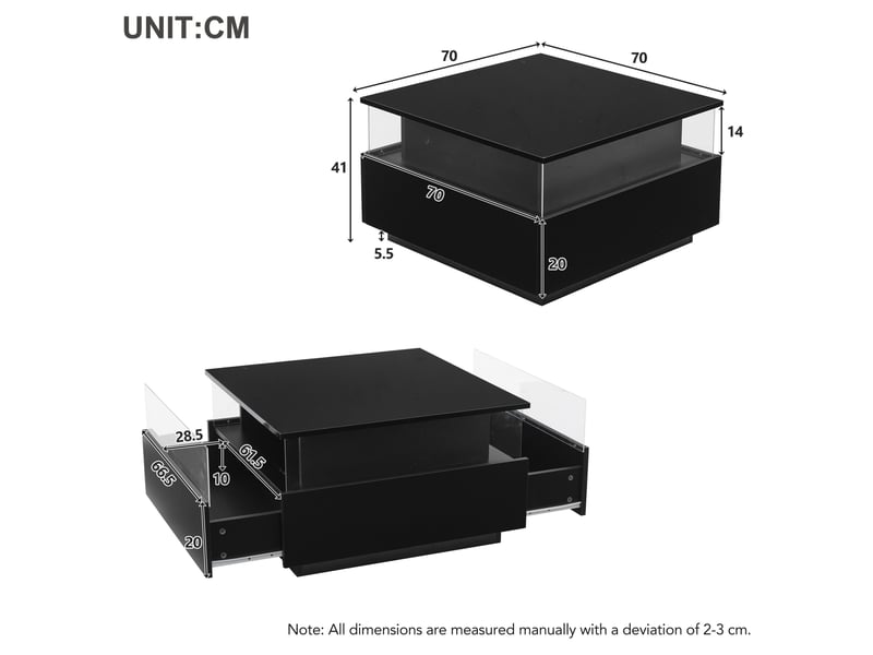  Table basse moderne 70x70x41 cm led 2 tiroirs panneau de particules noir  - Conforama E