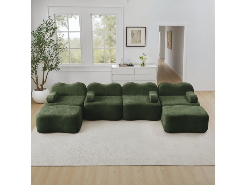 Canapé panoramique en u 4 places modulaire avec ottomans et assise profonde, en velours vert - Conforama B