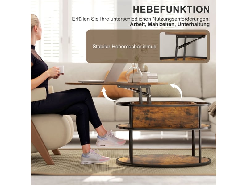  Table basse relevable ronde avec espace ouvert et rangement caché, structure en acier, pour salon, en bois, marron  - Conforama E