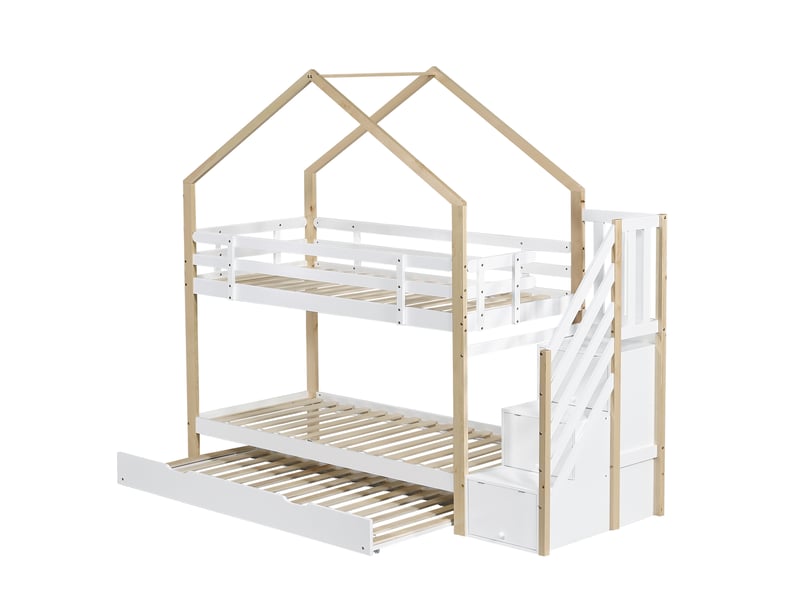  Lit superposé, lit cabane extensible, lit coulissant, escalier avec 3 tiroirs, lit enfant avec protection antichute et barrière de lit, avec sommier à lattes, naturel + blanc (90x200cm &amp; 90x190cm)  - Conforama E