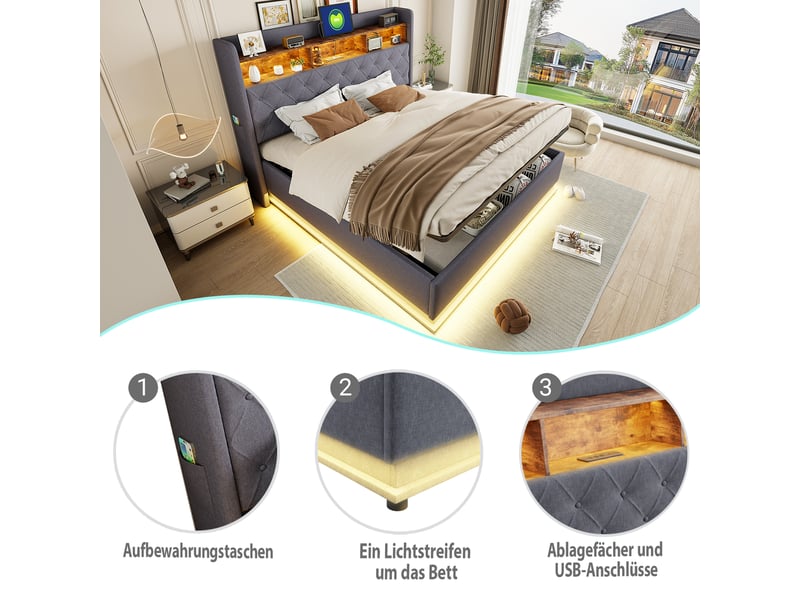  Lit coffre 180x200 gris avec led multicolore et port usb, sans matelas  - Conforama B