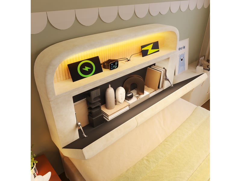  Lit enfant coffre 90x200cm tête réglable led 16 couleurs ports de charge usb et type-c velours beige, sans matelas  - Conforama E
