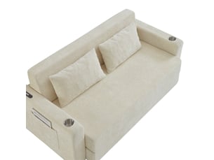 Canapé convertible 2 places pliable avec usb et porte-gobelets, en chenille beige 153 × 77 × 65 cm