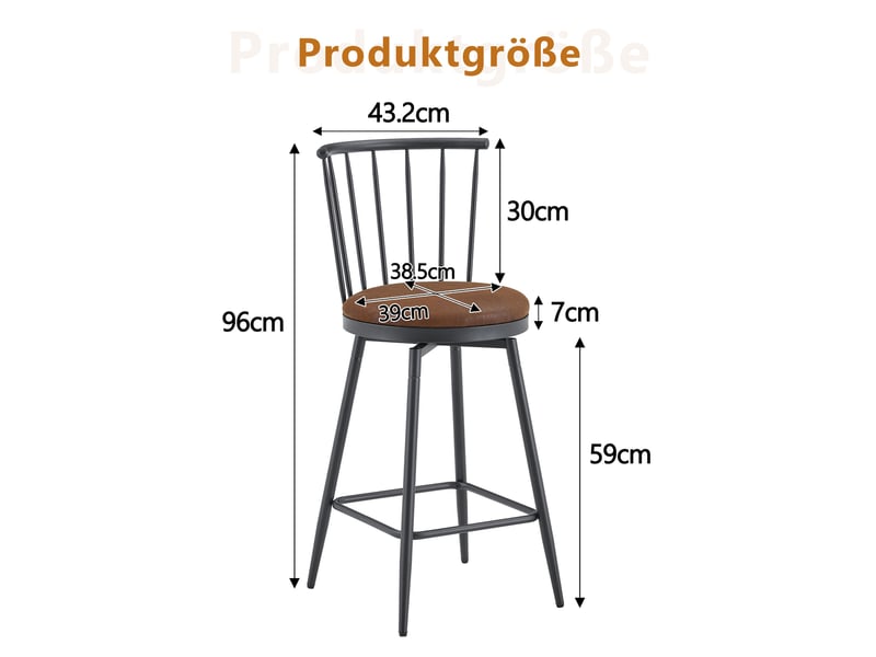  Tabouret de bar 39x39x96 cm, tabouret haut, style windsor, assise ronde, pour comptoir, structure métal, couleur marron  - Conforama C