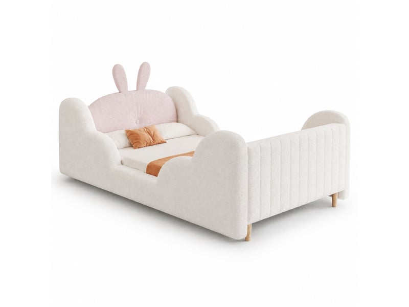 Lit enfant,90x200 cm,avec coussin lapin et barrières nuage,tissu teddy,blanc - Conforama A