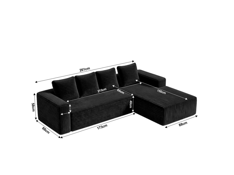  Canapé d'angle modulable 4 places avec méridienne réversible, assise profonde sans montage en velours côtelé noir  - Conforama C