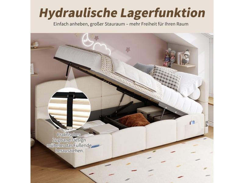  Lit coffre 90x200 cm en tissu bouclé beige avec sommier relevable hydraulique  - Conforama D