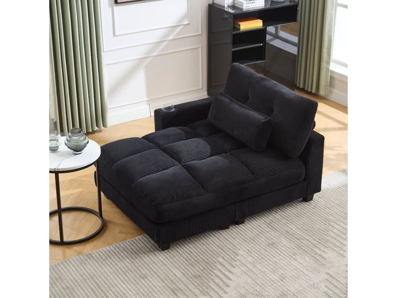  Fauteuil relax fixe en velours côtelé noir avec usb, porte-gobelets et poche latérale, 112 × 140 × 81 cm  - Conforama B