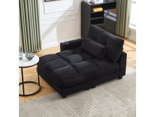Fauteuil relax fixe en velours côtelé noir avec usb, porte-gobelets et poche latérale, 112 × 140 × 81 cm
