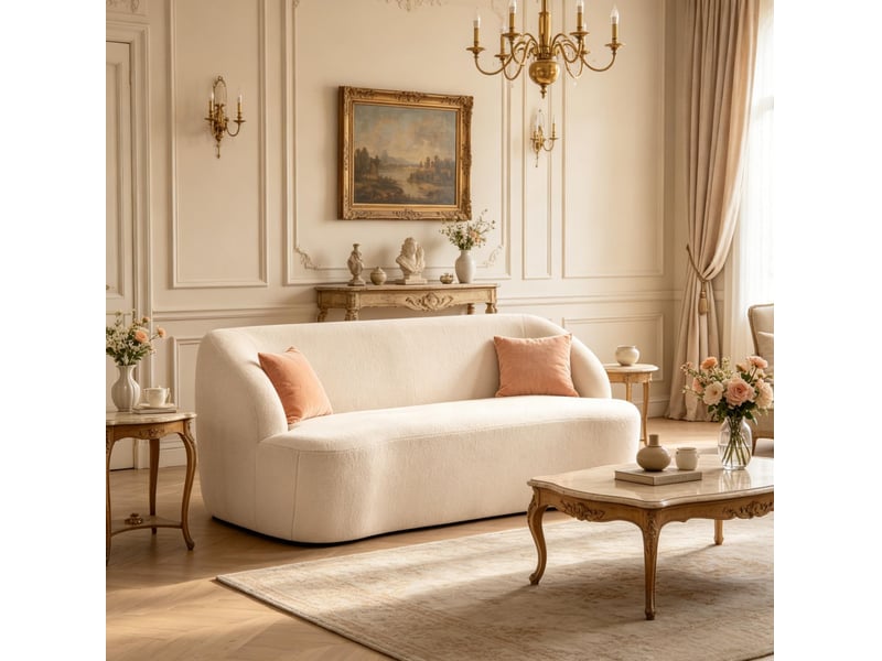 Canapé droit fixe 2 places en tissu bouclette beige 142 cm, dossier incurvé et confort pour le salon - Conforama B