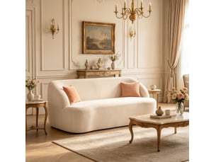 Canapé droit fixe 2 places en tissu bouclette beige 142 cm, dossier incurvé et confort pour le salon