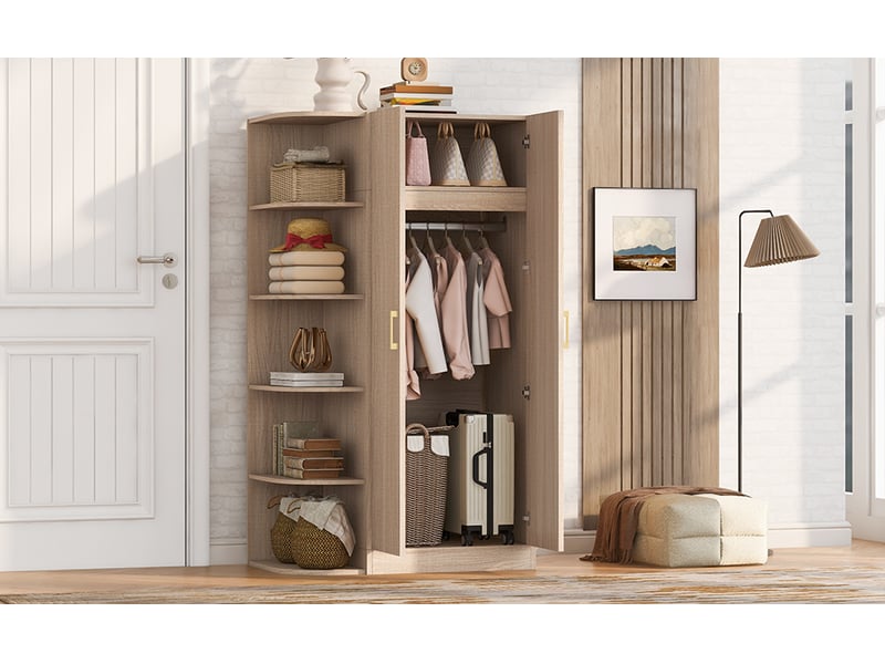 Armoire chambre penderie 2 portes 90x55x170 cm - grand rangement avec étagères et tiroirs - bois naturel - Conforama B