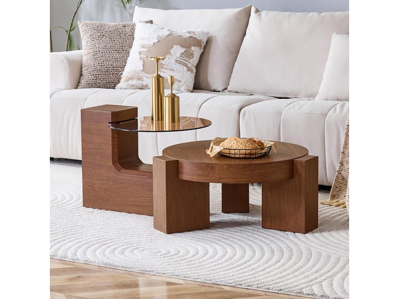  Lot de 2 tables basses gigognes en mdf aspect noyer et verre trempé marron ø61x30 cm - pangivo  - Conforama B