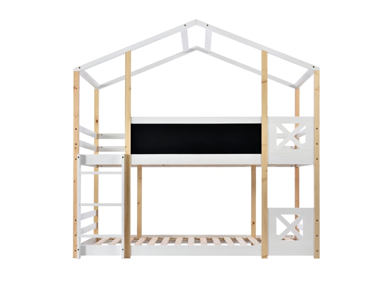  Lit superposé enfant 90x200 - lit cabane - tableau noir 110x27 cm - échelle - garde-corps - 2 sommiers à lattes - blanc et naturel  - Conforama A