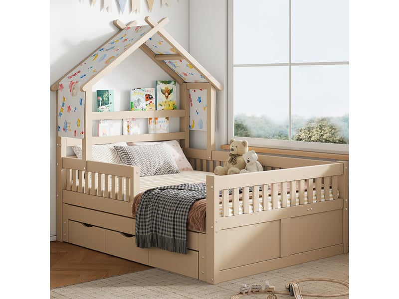  Lit plateforme 140x200 cm avec lit gigogne 3 tiroirs barrières de sécurité, lit enfant solution gain de place chambre enfant, structure bois, blanc Seren Glow - Conforama E