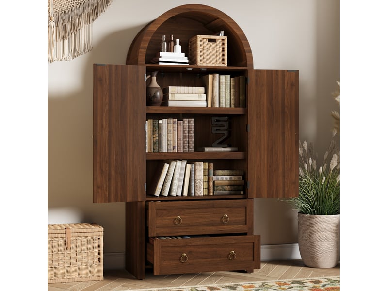  Buffet haut 80x40x180 cm avec 2 tiroirs et portes en rotin, coloris noyer  - Conforama D