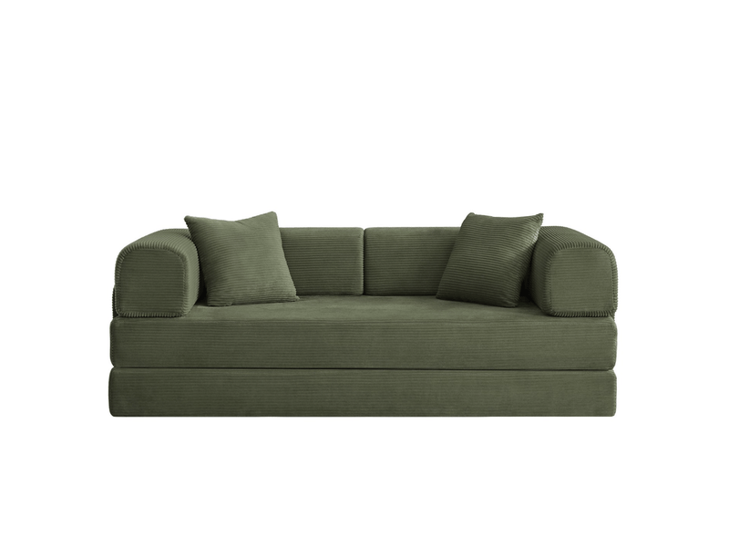  Canapé convertible en mousse avec 2 coussins  - structure acier chromé, velours côtelé vert  - Conforama A