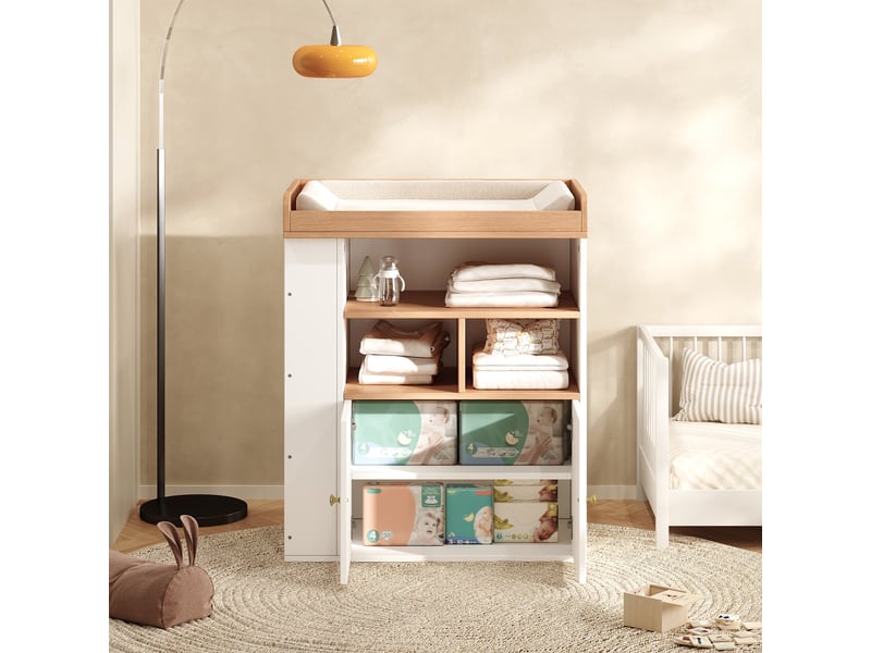  Table à langer bébé 2 en 1 avec rangements mdf bois et blanc 82x50x100 cm  - Conforama W